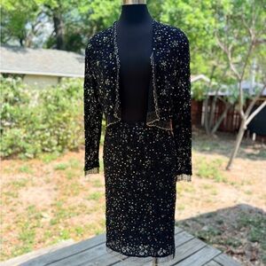Vintage 1980s Vivienne Tam Crochet Lace Sequin Beaded Fringe 2PC Skirt Set